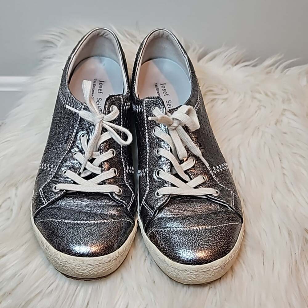 Josef Seibel Women's Dark Metallic Grey Leather Sneakers Size 40 (US 9-9.5)